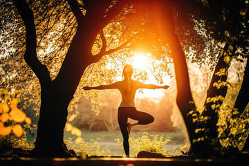 a woman doing yoga exercises, view from behind, sunrise, relaxation, relaxation