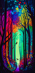Wall Mural - Abstract vibrant colorful forest path portrait wallpaper - generative AI