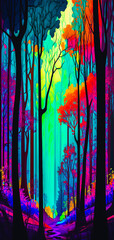 Wall Mural - Abstract vibrant colorful forest path portrait wallpaper - generative AI