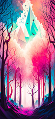 Wall Mural - Abstract vibrant colorful forest path portrait wallpaper - generative AI