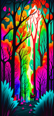 Wall Mural - Abstract vibrant colorful forest path portrait wallpaper - generative AI