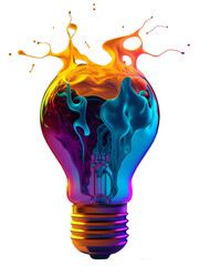 a colorful glowing 3d idea bulb lamp, isolated design element on transparent background, visualizati