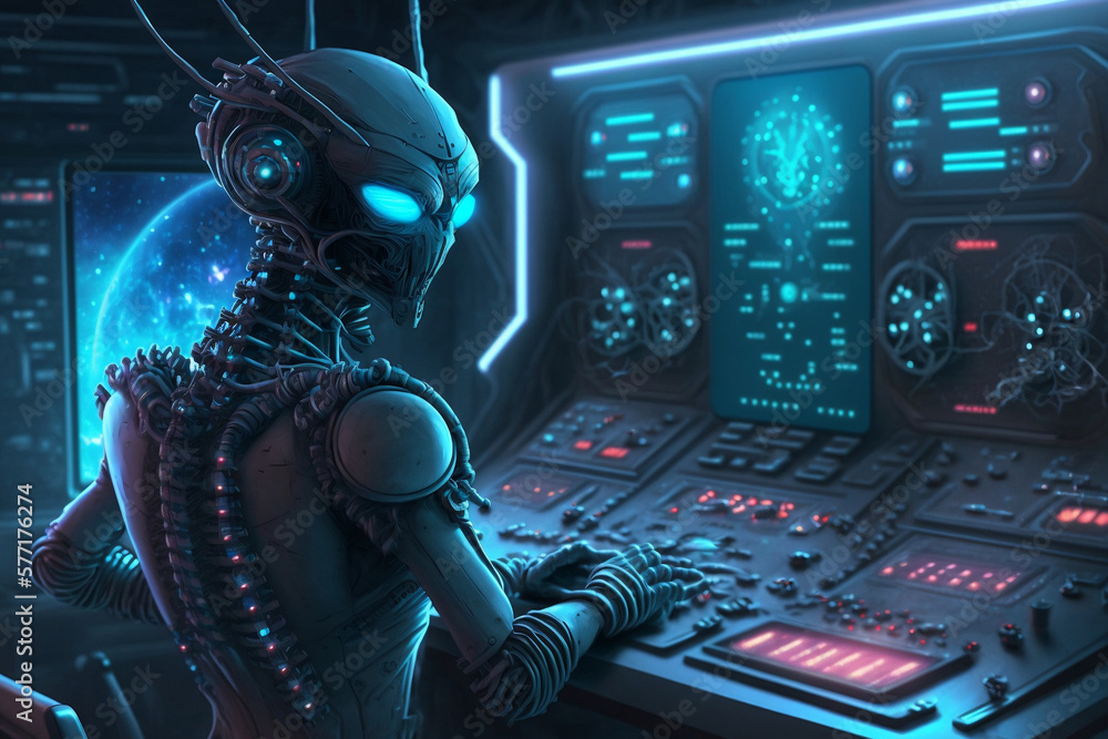 Humanoid alien works with futuristic control panel, Alien humanoid commanding spaceship with futuristic control panel, Generative AI