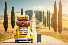Classic Car With Baggage Suitcases Is Capturing The Essence Of Old-world Charm On Its Journey Through The Breathtaking Tuscan Region Of Italy.AI Generative