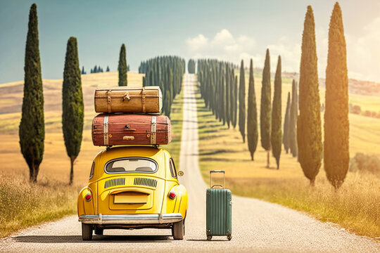 classic car with baggage suitcases is capturing the essence of old-world charm on its journey throug