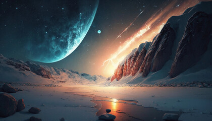 Meteorites in the alien sky, ice planet wallpaper