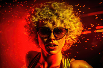 Wall Mural - 1970s retro inferno party woman straight front view closeup with short blonde curly hair in colorful light wearing sunglasses, red background with fire sparkles and copy space, generative AI