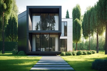 Very modern house with garden in front on a sunny day, with green lawn and trees. Generative AI