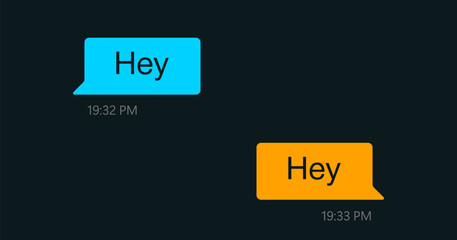 Chat message bubble of gay dating app messenger, vector screen interface. Hey message in gay chat application, speech bubbles with dating text