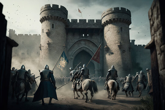 medieval castle siege: knights and soldiers battle for victory generative ai