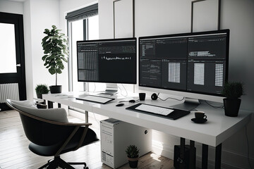 modern office with two wide computer screens with programming code. generative ai
