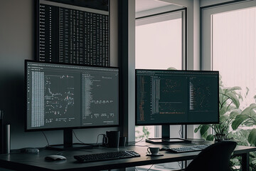modern office with two wide computer screens with programming code. generative ai