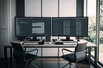 modern office with two wide computer screens with programming code. generative ai
