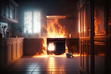 The Destruction Wrought By An Errant Flame Rises Quickly Out Of Control, Consuming A Kitchen In A Roar Of Flames And Scorching Heat. AI Generative