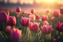 Tulip Field At Dawn, Beautiful Pink, Scarlet, Red Tulips Plantation, Abstract Generative AI Illustration