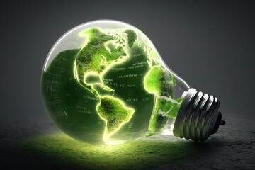 Wall Mural - Environmental protection, , sustainable energy sources. A green map of the world is on a light bulb that represents green energy, generation ai