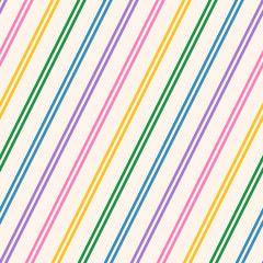 Vector stripe seamless pattern. Simple texture with thin diagonal straight lines. Retro style abstract geometric striped background design. Rainbow stripes, green, yellow, pink, purple, blue color
