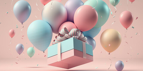 Wall Mural - generative ai illustration, party balloons floating over a pink and blue present