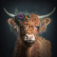 Scottish Highland Cow. Beautiful Highland Cow With Flowers On Her Head Floral Headband. Generative AI