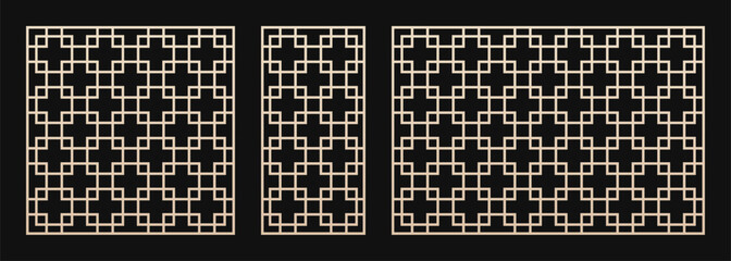 Aufkleber - Laser cut pattern in Asian style. Vector set with abstract geometric ornament, square grid, lattice. Decorative stencil for laser cut, CNC cutting of wood, metal, acrylic. Aspect ratio 1:1, 1:2, 3:2