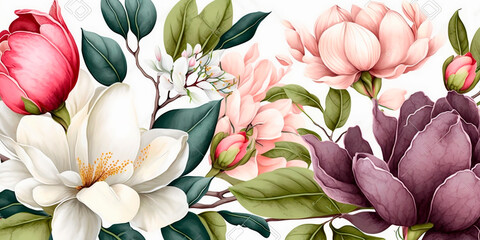 delicate floral watercolor pattern for textiles and backgrounds, watercolor peonies flowers and gree