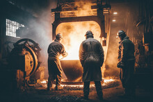 A Group Of Skilled Steelworkers Diligently Work To Create Metal Components In A Factory Plant. The Workers Wear Protective Gear And Face Masks. AI Generative