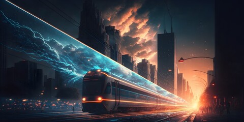 a train between skyscraper while the sun set , beautiful view ,light trails,dark city high quality,r