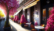 Street view with cafe or restaurant. Coffee shop in the city. Rue de Paris. Spring time. Ai llustration, fantasy digital painting,artificial intelligence artwork