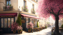 Street View With Cafe Or Restaurant. Coffee Shop In The City. Rue De Paris. Spring Time. Ai Llustration, Fantasy Digital Painting,artificial Intelligence Artwork