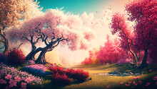 Blooming Spring Trees Illustration. Horizontal Digital Oil Looking Painting. Spring Landscape With Colorful Blooming Trees. Ai Illustration, Fantasy Digital Painting