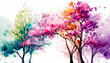 Blooming spring trees illustration. Horizontal watercolor painting. Spring landscape with colorful blooming trees. Ai illustration, fantasy digital painting, art