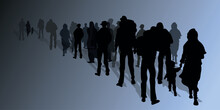 Silhouettes Of Going Immigrants On Grey Background