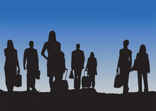 Silhouettes Of Going Immigrants On Blue Background