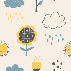 Sticker - Seamless pattern cute sun, cloud and flower garden in scandinavian style. cute vector illustration, very suitable for use for children's and baby designs and also printed on fabrics for clothes