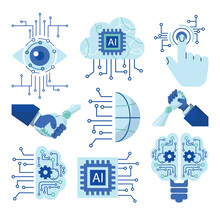 Modern Technology Icons Set: Computer Vision, Artificial Intelligence, Machine Learning. Isolated Flat Logos Illustration Robot And Human Arm, Tech Brain, Electronic Eye, Cloud Computing Network