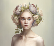 Beautiful Young Woman With Floral Wreath. AI Generated Image.