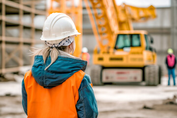 A courageous female is working in a dangerous environment with her protective headgear. AI generative