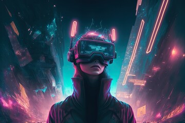 Wall Mural - cyberpunk-themed virtual reality with a metaverse Generative AI