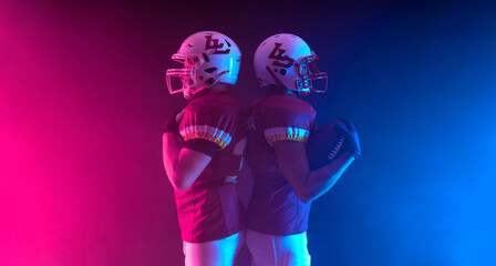 Wall Mural - Two American football players. Template for a sports magazine on the theme of American football with copy space. Mockup for betting advertisement.