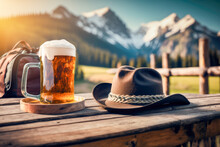 Mug Filled With A Cold Golden Beer, Topped Off With White Foam And Tyrol Traditional Country Hat. AI Generative