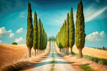 Majestic Cypress Alley Somewhere In Scenic Tuscany. AI Generative