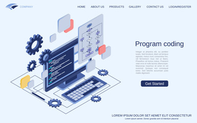 program coding, application development, software construction flat 3d isometric vector concept illu