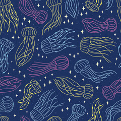 Seamless vector pattern with neon jellyfish. Great for textile, backgrounds, scrapbook