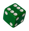 Green six sided die. Transparent PNG.
