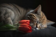 Sleepy Cat Cuddles With Red Tulip, Concept Of Cuteness And Affection, Created With Generative AI Technology