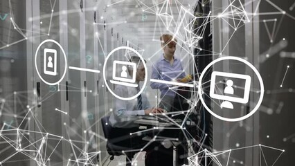 Wall Mural - Animation of network of connections over diverse male and female engineers working in server room