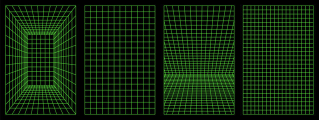 distorted vertical neon grid set. retrowave, synthwave, rave, vaporwave. green color neon. trendy re