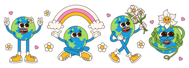 Wall Mural - Retro earth cartoon character.  Earth Day. Save planet  conception. World Environment Day. Trendy groovy 70s style illustration. Vector funny illustration. 