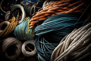 illustration, a bunch of used fishing ropes ,generative ai