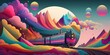 © koldunova - magical train ride through series of abstract colorful landscapes, concept of Mystical Journey and Rainbow Vistas, created with Generative AI technology